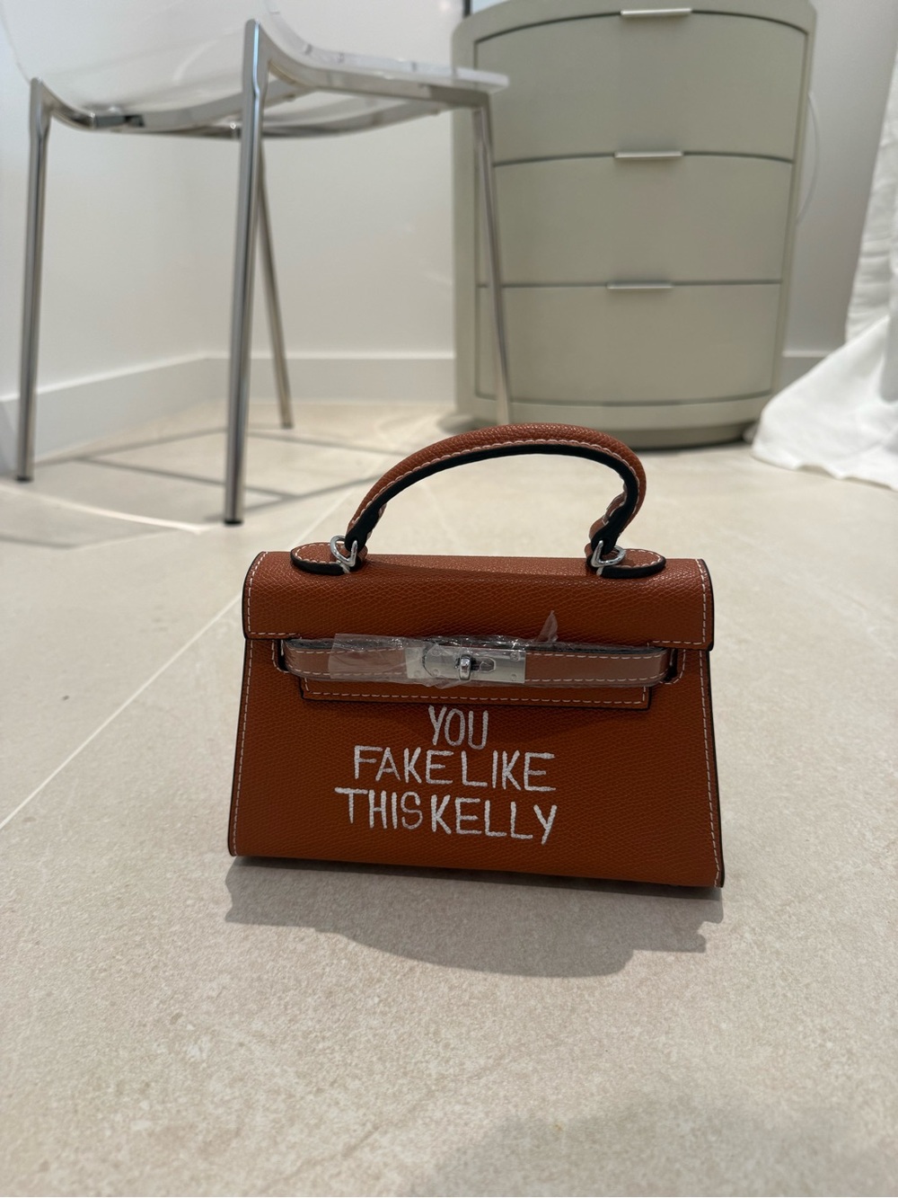 Saturdays New York City Brown Leather Top-Handle Crossbody with White Script
